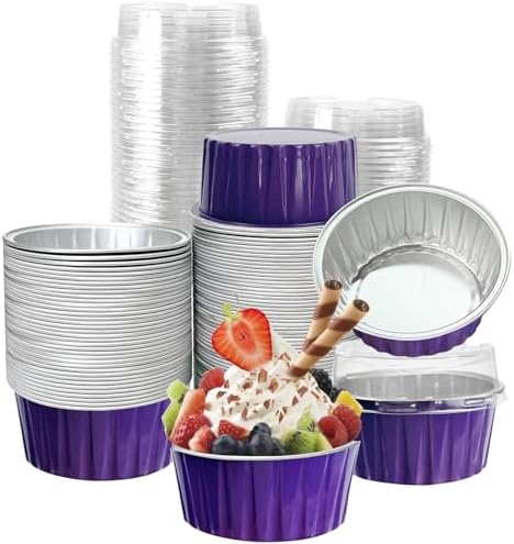 100Pcs Aluminum Cups with Lids,5oz Disposable Ramekin Baking Cups Muffin Liners Mini Pie Pans Foil Cupcake Containers for Christmas Party Wedding Party,Dark Purple