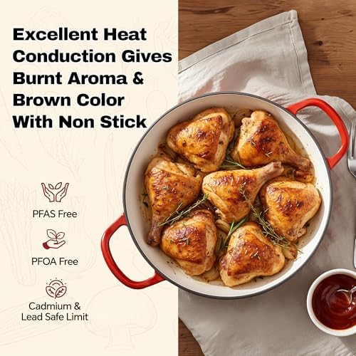 3 Quart Enameled Cast Iron Braiser, Non Stick Enameled Cast Iron Skillet with Lid, Dutch Oven Skillet with lid up to 500°F for Oven, Stove, Grill, Shallow Dutch Oven for Cook, Bake (Red)