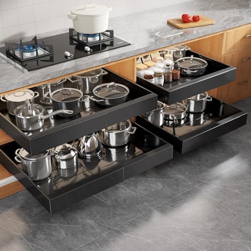 Seinloes 4 Pack Expandable Pull Out Cabinet Organizer 21"Deep With Raising Pad for Framed Cabinets,Upgrade 3 Slide Rails Slide Out Drawers,Roll Out Shelves Adhesive,Adjustable Width 15.15"-26.3" Black