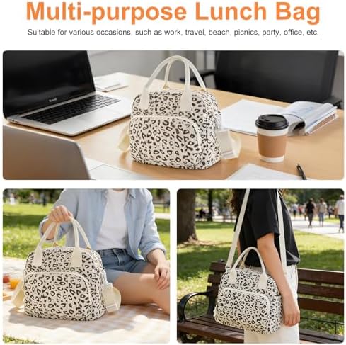 Mziart Lunch Box for Women Men, Large Cute Insulated Lunch Bag Leakproof Thermal Lunchbox Cooler Tote Bags with Adjustable Strap for Work Picnic Travel (Beige Leopard)