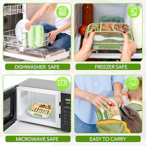 EASYFUN Bento Box Adult, Lunch Box, 4-Compartment Lunch Containers, Drop-Proof, Dishwasher Safe & Made with BPA-Free Materials (Green)
