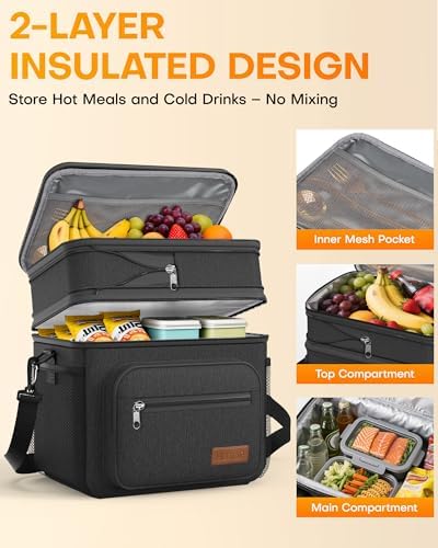 HOTOR Lunch Box Men Women Double-Layer Insulated Lunch Bag Black 12L