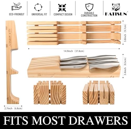 Kitchen Knife Set, 6 Pieces Knife Block Sets with Pine Knives Drawer Organizer, Perfect for Home and Chefs, Premium Knife Holder, Gift for Holiday and Housewarming