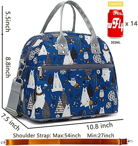 FlowFly Insulated Lunch Bag With Shoulder Strap for Women, Men, and Kids, Large and Reusable, Handle, Freezable Work and School Travel Tote and Meal Prep Organizer,Owl
