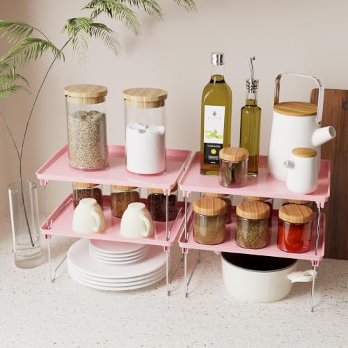 STARLATTA 2 Pcs Cabinet Organizer Shelf，Stackable Kitchen Counter Shelves, Spice Rack,Countertop Organizers，Pink Plastic Storage Shelves Rack for Makeup，Bathroom, Cupboard，Desk，Pantry Organization