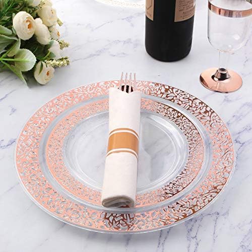 Supernal 30 Pack Pre Rolled Rose Gold Plastic Silverware, Linen Napkin