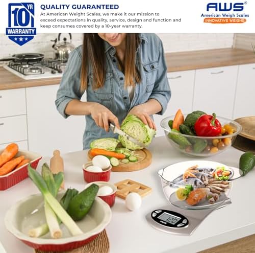 AWS Kitchen Pro 0.1g/0.001oz Precision Food Scale 5kg/11lb Digital Bowl Scale with Tempered Glass, | 2.72L Dishwasher-Safe Bowl, Tare, Timer, Clock & Room Temperature Display | Ultra Cooking Scale