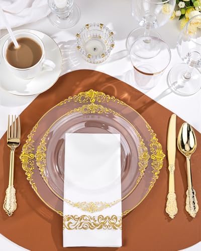Nervure 350Pcs Clear Gold Plastic Plates, Dinnerware Sets for 50 Guests