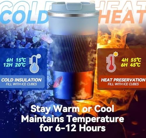 12OZ Travel Coffee Mug Insulated Coffee Cup with Spill Leak Proof Lid, Portable Stainless Steel Tumbler Reusable Hot and Cold Water Mug for Car, Daily, Camping- Light Blue