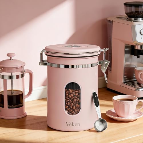 Veken Coffee Canister with Window, Airtight Stainless Steel Container,Date Tracker, Kitchen Food Storage Jars for Beans, Ground, Espresso, Rice,Tea, Sugar, Cereal, Gifts, Scoop, Pink, 22OZ (Pack of 2)