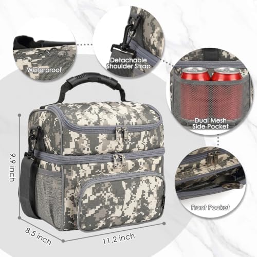 FlowFly Double Layer Cooler Insulated Lunch Bag Adult Lunch Box Large Tote Bag for Men, Women, With Adjustable Strap,Front Pocket and Dual Large Mesh Side Pockets
