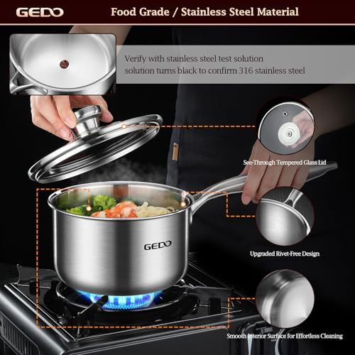 GEDO Food-Grade 316L Stainless Steel Sauce Pan with Glass Lid, 3-Ply Integrated Body Uncoated Cooking Pot, Universal for Induction Gas Ceramic Stovetops, Multi-Purpose Kitchen Cookware (2.7, Quarts)