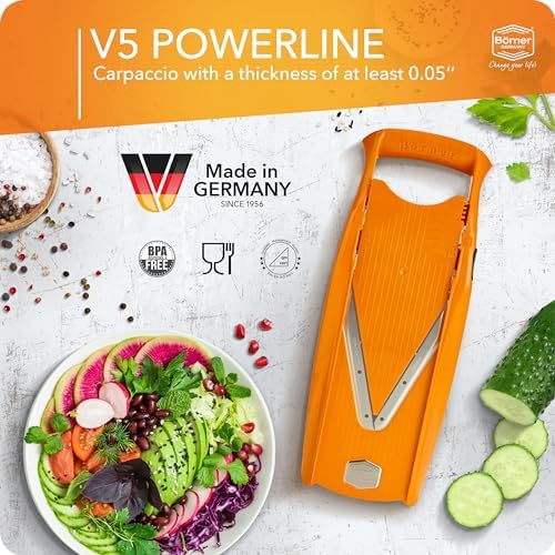 Börner Mandoline Slicer V5 (Basic Set) • Vegetable V-Slicer for Slices in 4 Thickness Settings • Stainless Steel V-Blade • Adjustable Kitchen Slicer for Vegetables & Fruits • Color: Orange