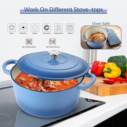 E-far Dutch Oven Pot with Lid, 5 Quart Enameled Cast Iron Round Dutch Oven Stockpot for Bread Baking/Braising/Cooking/Roasting/Stewing, Heavy Duty Nonstick Cookware Safe for Induction & Oven - Blue