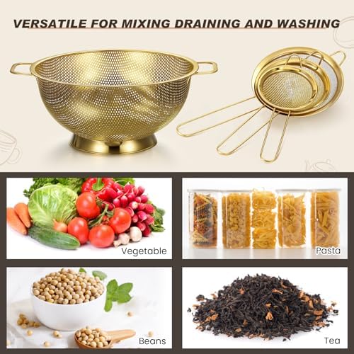 Norme 4 Quart Gold Colander and 3 Metal Fine Mesh Strainer Set