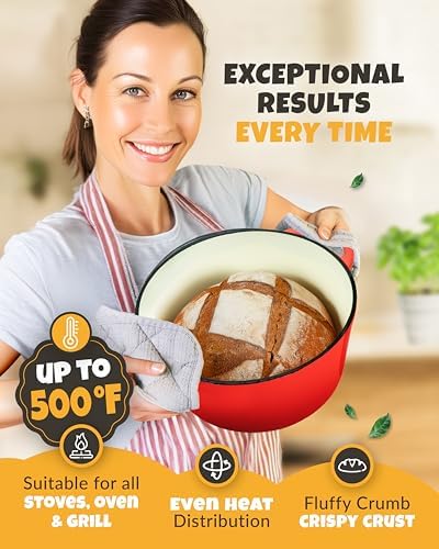 CRUSTLOVE 5 QT Enameled Dutch Oven for Bread Baking with Lid & Baking Set