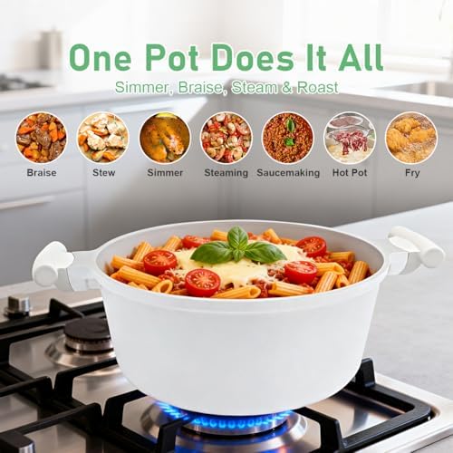 AIKENBBKK 7 QT Ceramic Stock Pot with Lid, Non Stick Cooking Pot, Soup Pot Nonstick, Induction Cookware for Pasta, Soup, Spaghetti, Stay-Cool Handle, Suitable for All Stoves, PFAS-Free, White