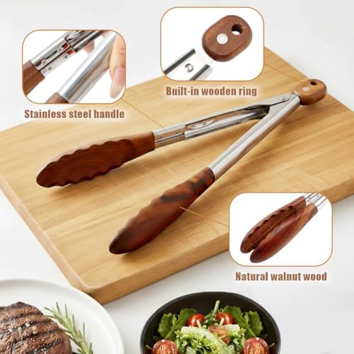 Wooden Tongs for Cooking with Stainless Steel Long Handle – Non-Slip Design, Hanging Hole, Perfect for BBQ, Salad Tossing & Serving, Household Creative Cooking Tongs (9 Inch)