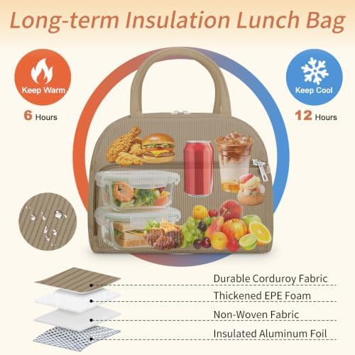 Coobiiya Corduroy Lunch Bag Lunch Box for Women Men, Reusable Cute Lunchbag - Leakproof, Insulated LunchBox Tote with Large Capacity