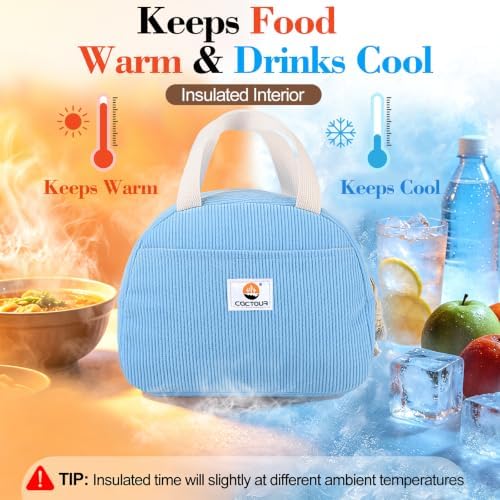 CaCTOUR Lunch Box Lunch Bag for Women Girls Teens, Cute Lunch Box Cooler Bag, Portable Small Insulated LunchBox Reusable Corduroy Lunch Tote for Work/Travel/Picnic/School(Blue)