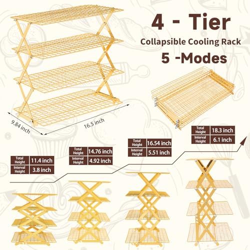 Pleafind 4 Tier Gold Collapsible Cooling Rack - 3 Setting Design, Adjustable ＆ Stackable Baking Rack, 5 Modes Cooling Racks for Cooking and Baking, Roasting ＆ Grilling Gifts for Picnic Party