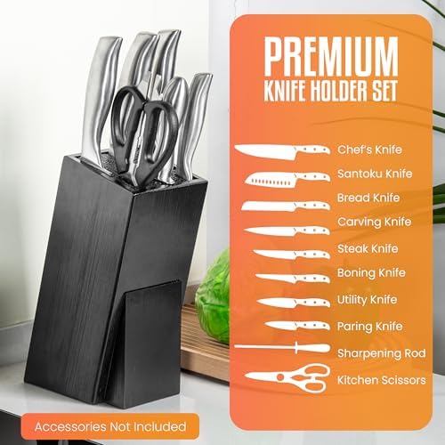 Acacia Wood Angled Knife Block with Multi-Purpose Holder – Universal Kitchen Knife Storage with Removable Bristle Insert (black bamboo, small)