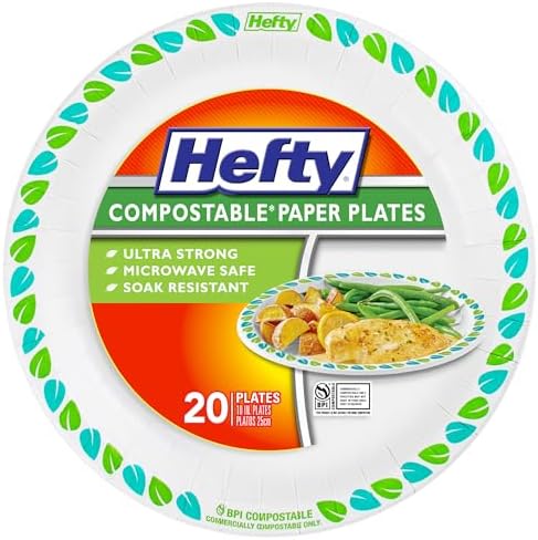 Hefty Compostable Paper Plates, 10 Inches, 20 Count, Patterned Disposable Plates for BBQs, Parties, Holidays, and Everyday Use, Soak-Resistant, Made with Plant-Based Materials, Microwave Safe