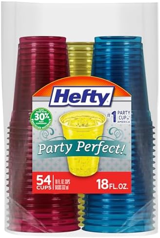Hefty Party Perfect Tinted Plastic Cups, Red, Blue, Yellow, 18oz, 54ct
