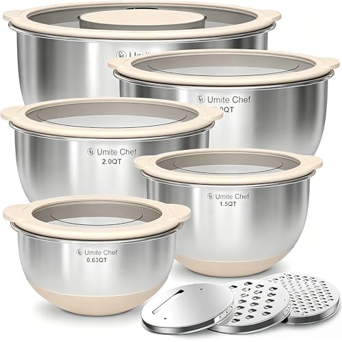 Mixing Bowles Set with Lids Set - Warp-Proof TPR-AS Lids, Stainless Steel Mixing Bowl with 3 Graters & Measuring Lines, Non-Slip Bowls for Baking, Prep, Airtight Food Storage (Khaki 5/3/2/1.5/0.63QT)