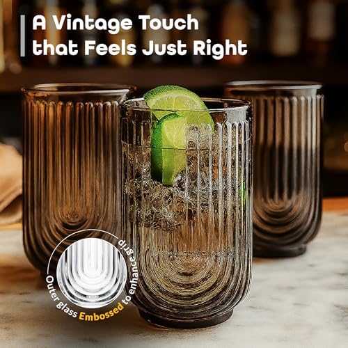 Glaver's Vintage Glassware - Art Deco Ribbed Drinking Glasses, U-Shape Arch Design Colored Cocktail Decorative Party Everyday Kitchen Tumblers, Hand Wash Only (Smoke S/4 17oz)