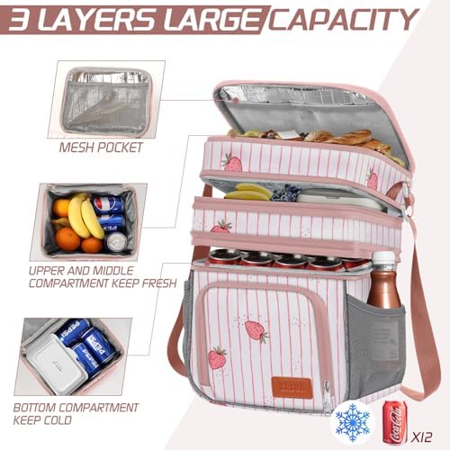 ZRSUN Insulated Lunch Bag for Women Men, Reusable 3 Layers Lunch Box Women, Expandable Reusable Water-resistant Lunch Box for Work Travel Office Picnic Hiking (Pink)