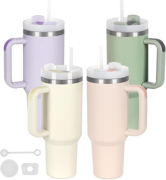 4 Pack 40 Oz Tumbler with Handle Bulk, Double Wall Vacuum Insulated Stainless Steel Tumbler with Lid and Straw, 40 oz cup with Silicone Spill Proof Stopper Set (Cream,Purple,Dark Green,Rose Quartz)