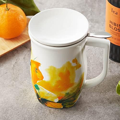 Tea Forte Ceramic Fiore Tea Cup with Infuser, Wild Poppy, 14 oz