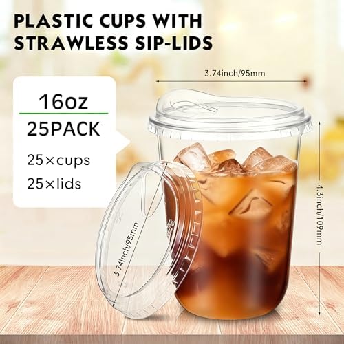 Baderke 25 Pcs Round Bottom Plastic Cups with Lids Clear Togo,16 Oz