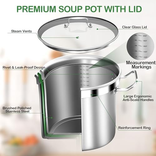 STOCKPOT Stainless Steel 20 Quart Stockpot with Tempered Glass Lid, 3-Ply Base, 8.8 lbs, Polished Finish, Suitable for Stovetop and Oven