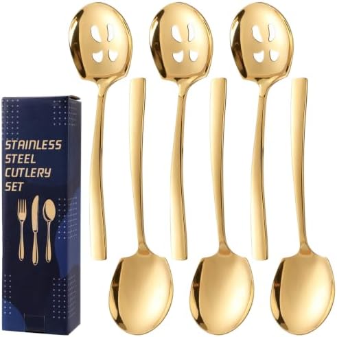6 Pcs Serving Spoons Set, 9.2 Inch Gold Slotted Spoons