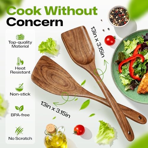 AIUHI 2-Piece Teak Wooden Spatula Set, Wooden Cooking Spatulas for Flipping, Stir-Frying & Serving, Nonstick-Safe Wooden Kitchen Utensils