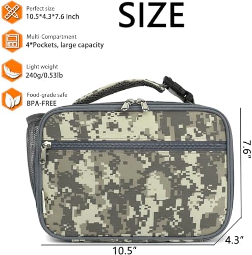 GYEUKHAM Insulated Lunch Box for School, Thermal Reusable Durable Freezable Lunch Bags for Kids Boys Girls Men Women - Small Soft Cooler Portable Lunch Tote Kit for Work Picnic Travel,Grey Camo