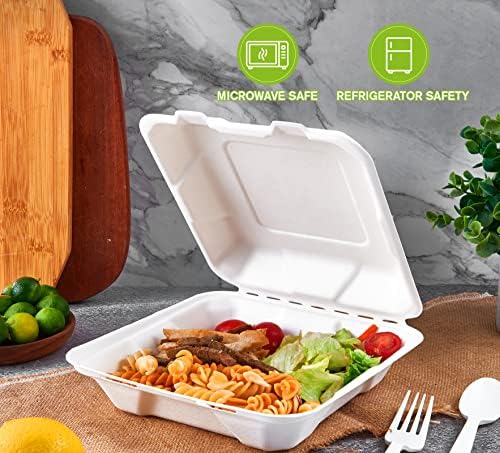 ECOLipak 50 Pack Compostable Clamshell Take Out Food Containers, 8 inch