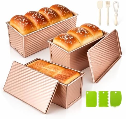 3-Pack Bread Pan with Lids, 2.2LB & 1LB & 1LB Dough Capacity, Non-Stick Carbon Steel Pullman Loaf Pan for Baking, Professional Toast Box Mold with Baking Tools - Gold