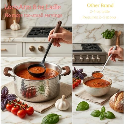 LorisArm Large 13" Soup Ladle Spoon, 8 Ounce Wooden handle Silicone Ladle Spoons Non Stick Kitchen Utensils.