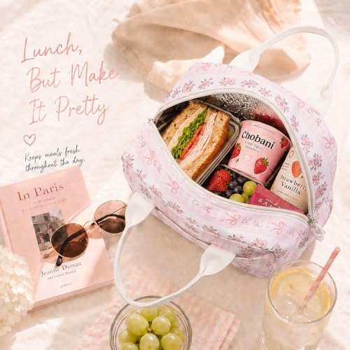 LOVELYWIND Lunch Box for Women, Insulated Lunch Bag, Pink Floral Tote