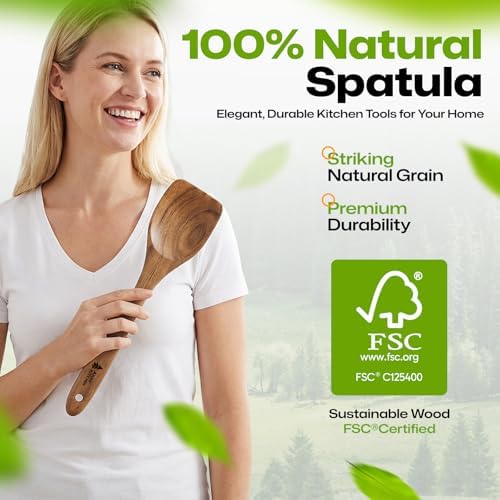 AIUHI Wooden Spatula, Natural Teak Wood Cooking Spatula, Long Handle Non-Stick Safe Wooden Turner, Heat Resistant Kitchen Utensil for Stir Frying Serving Wok Cooking