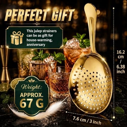 Boao 2 Pack Julep Strainers Stainless Steel Strainer Cocktail Spoon, Gold