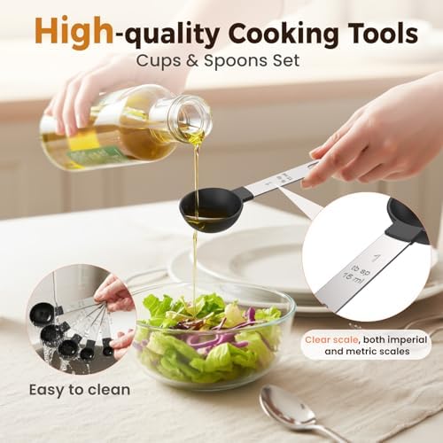 16PCS Measuring Cups and Spoons Set, Measuring Spoon Set with Metric and US Measurements, Fits for Measuring Dry and Liquid - Black