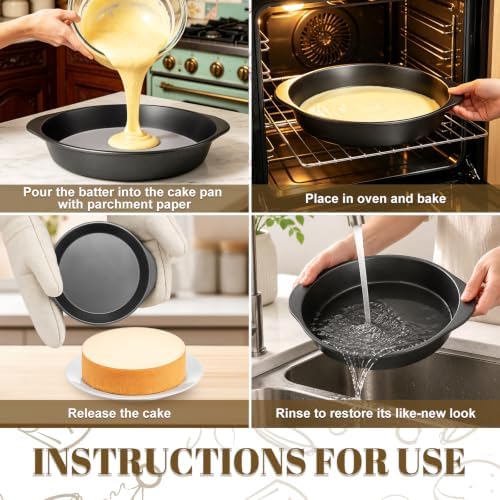 9 Inch Cake Pan Set, 3-Piece Carbon Steel Round Cake Pans with 100 Pre-Cut Parchment Paper Rounds, Nonstick Baking Pans for Layer Cakes, Pizza and Desserts