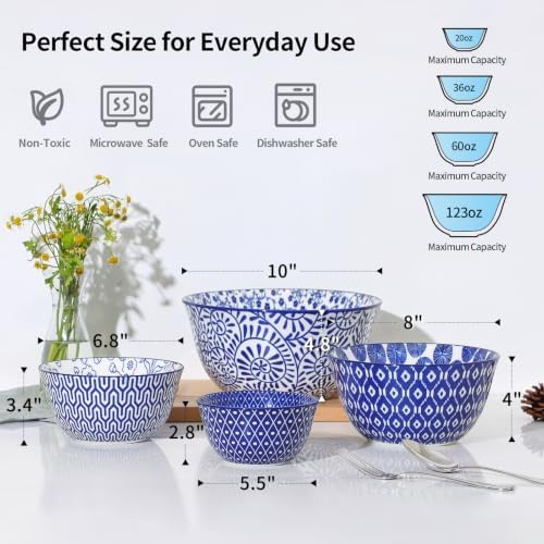 Selamica Ceramic Mixing Bowls Set of 4, 20/36/60/123 oz, Vintage Blue