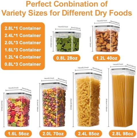 15 PCS Airtight Food Storage Containers with Lids, Plastic Kitchen and Organization Canisters for Cereal, Dry Food, Flour and Sugar, BPA-Free, PVC-Free, Includes Labels & Marker