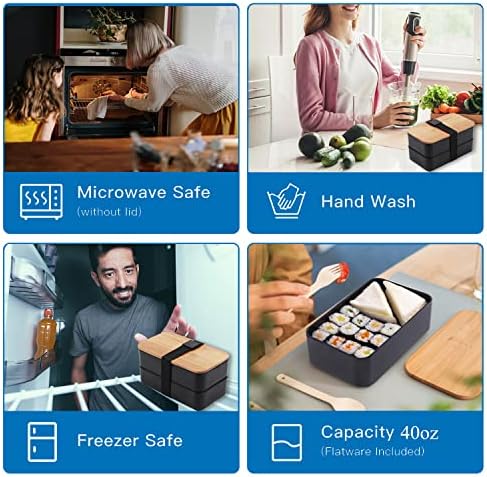 Japanese Bamboo Bento Box with Compartments and Utensils Stackable Lunch Box Includes Lunch Bag for Meal Prep Black