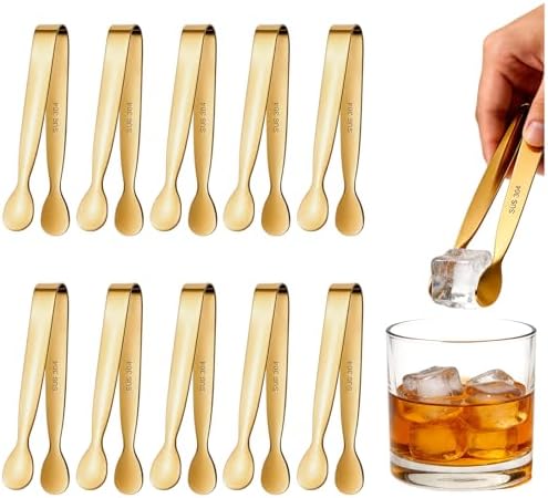 10pcs Mini Serving Tongs, 4.3" Stainless Steel Small Sugar Tongs, Ice Tongs Kitchen Mini Serving Tongs for Serving Food, Ice, Sugar Cube, Salad, Desserts, Coffee Bar, Tea Party, Desserts Party (Gold)
